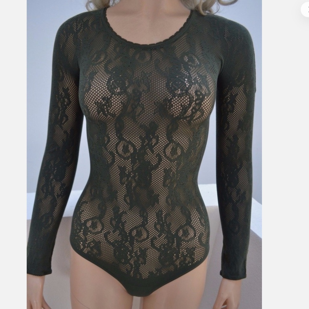 Wolford long sleeve lace mesh string bodysuit
